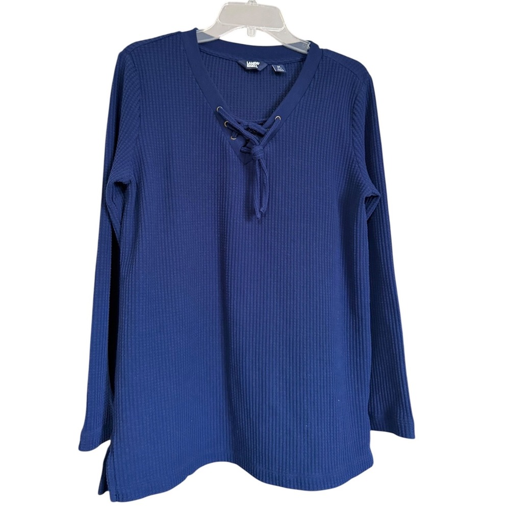 Lands End Womens Royal Blue Waffle Knit Lace Up V-Neck Tunic Top Size M 10-12